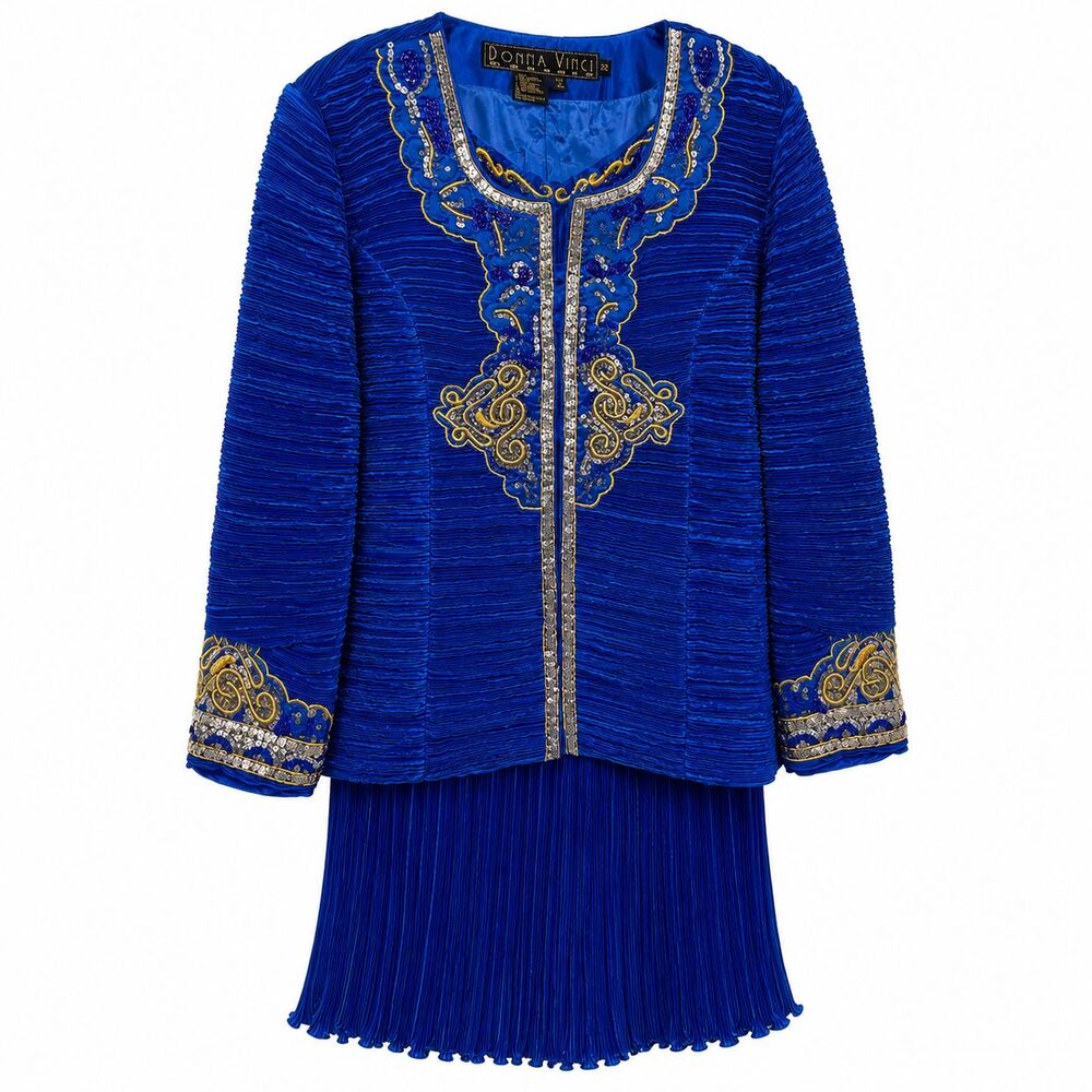 Donna Vinci Skirt Suit Set Women's 22 Blue Pleated Sequin Beaded Jacket Formal